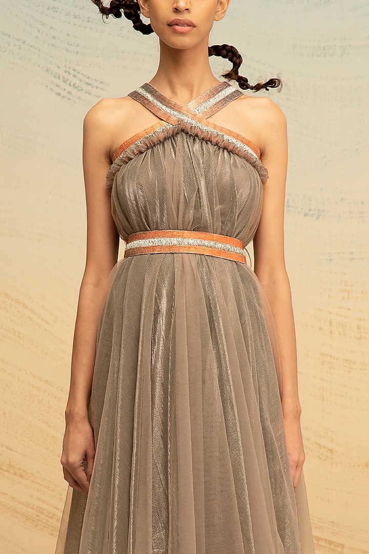 Silver Hand Embroidered Midi Cocktail Dress by AKHL at Pernia's Pop Up Shop
