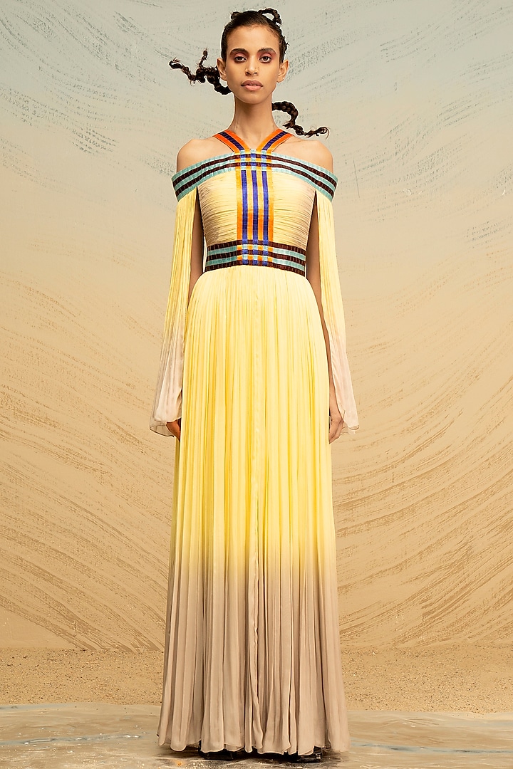 Yellow Hand Embroidered Maxi Dress by AKHL