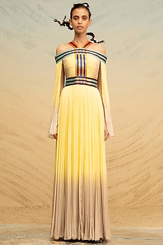Yellow Hand Embroidered Maxi Dress by AKHL