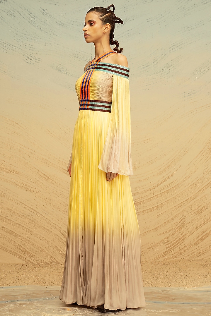 Yellow Hand Embroidered Maxi Cocktail Dress by AKHL at Pernia's Pop Up Shop