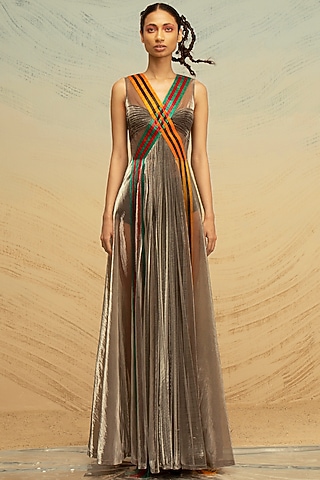 Silver Hand Embroidered Maxi Dress by AKHL