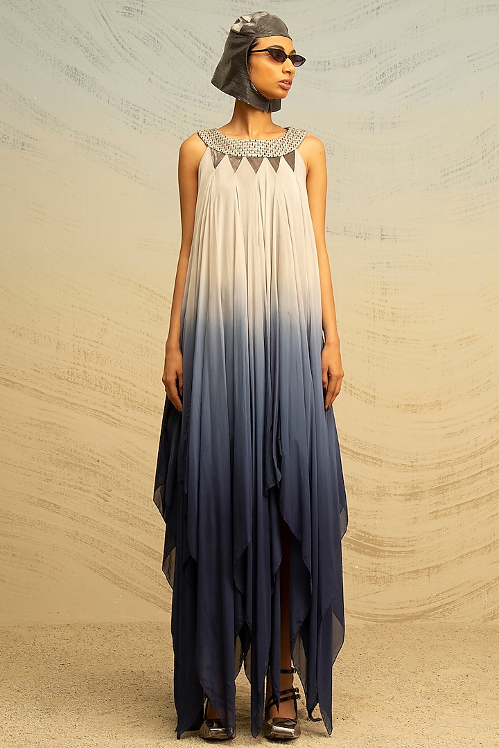 Cobalt Blue & Grey Chiffon Maxi Dress by Akhl