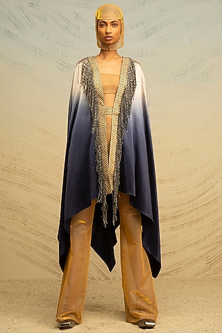Cobalt Blue Textured Satin Cape by Akhl