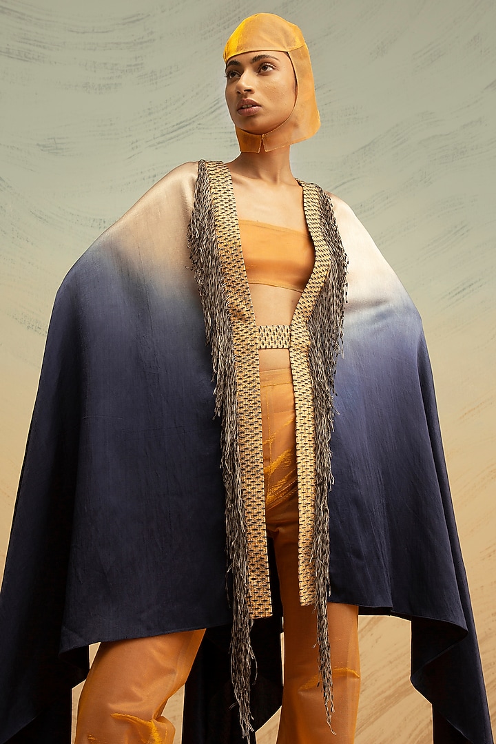 Cobalt Blue Textured Satin Cape by Akhl at Pernia's Pop Up Shop