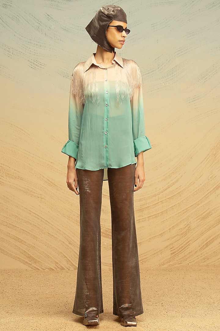 Turquoise & Grey Chiffon Shirt by Akhl at Pernia's Pop Up Shop