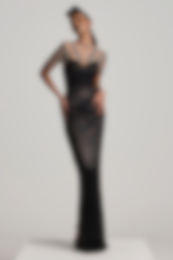 Black Textured Satin Sequins Hand Embroidered Pencil Dress by Akhl at Pernia's Pop Up Shop