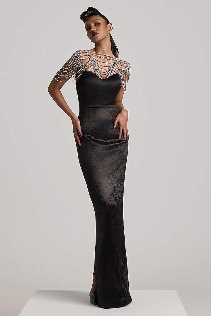 Black Textured Satin Sequins Hand Embroidered Pencil Dress by Akhl at Pernia's Pop Up Shop