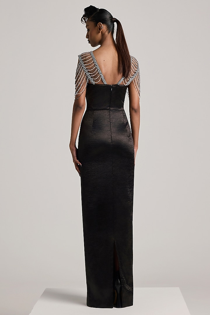 Black Textured Satin Sequins Hand Embroidered Pencil Party Wear Dress by Akhl at Pernia's Pop Up Shop
