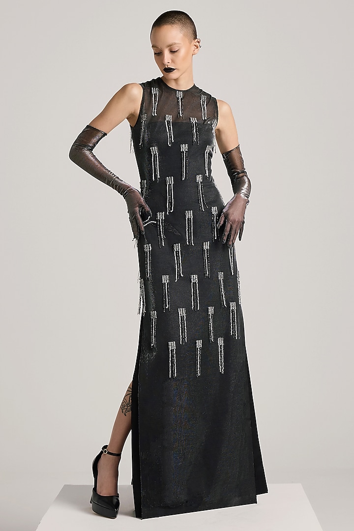 Charcoal Lurex Tulle Sequins Hand Embroidered Dress by Akhl at Pernia's Pop Up Shop