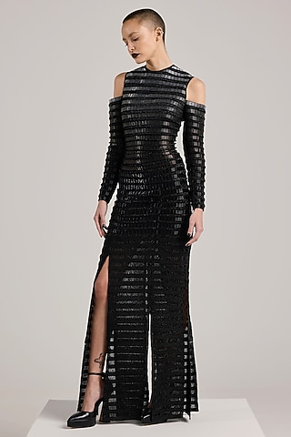 Grey & Black Lurex Hand Embroidered Hand-Dyed Dress by Akhl