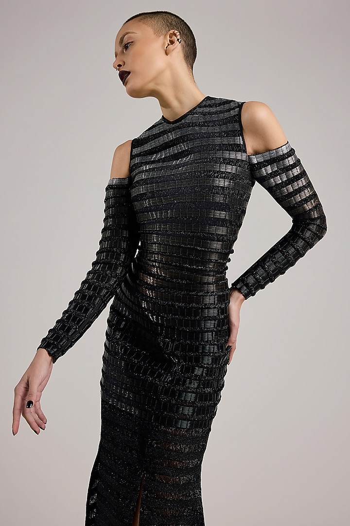 Grey & Black Lurex Hand Embroidered Hand-Dyed Party Wear Dress by Akhl at Pernia's Pop Up Shop