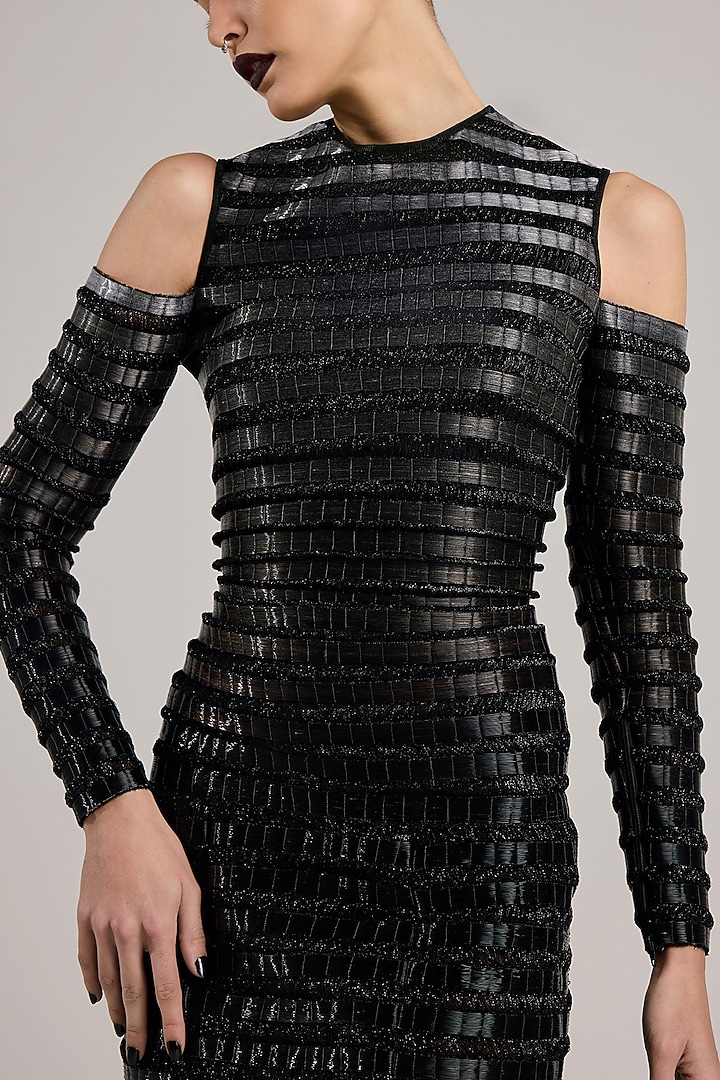Grey & Black Lurex Hand Embroidered Hand-Dyed Party Wear Dress by Akhl at Pernia's Pop Up Shop