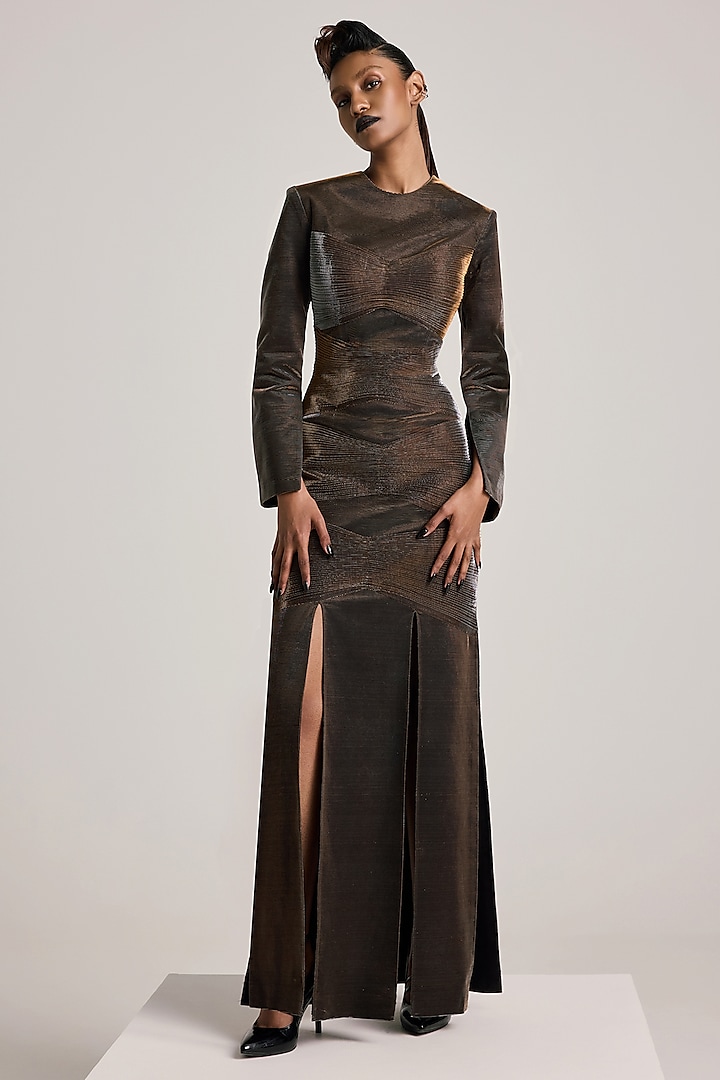 Brown Lurex Tulle Gathered Dress by Akhl at Pernia's Pop Up Shop