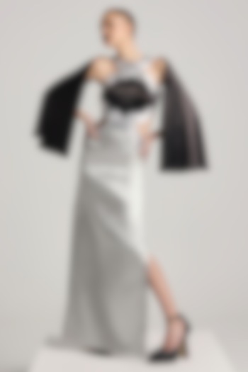 Silver & Black Textured Satin Hand Embroidered Dress by Akhl at Pernia's Pop Up Shop