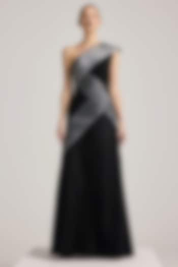 Black Lurex Tulle Hand Embroidered One-Shoulder Asymmetric Dress by Akhl at Pernia's Pop Up Shop