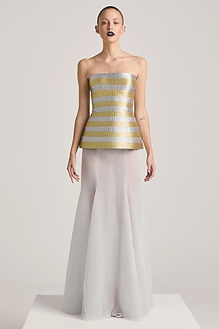 Silver Lurex Tulle Paneled Fishtail Skirt Set by Akhl