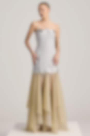 Silver & Gold Lurex Tulle Hand Embroidered Off-Shoulder Dress by Akhl at Pernia's Pop Up Shop