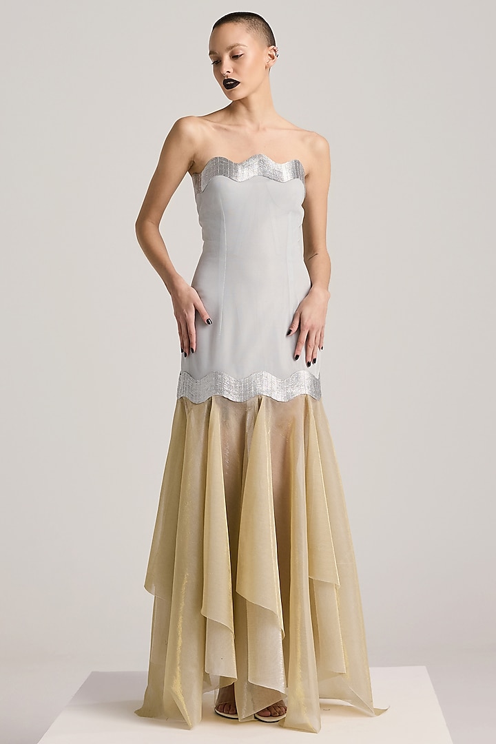 Silver & Gold Lurex Tulle Hand Embroidered Off-Shoulder Dress by Akhl at Pernia's Pop Up Shop