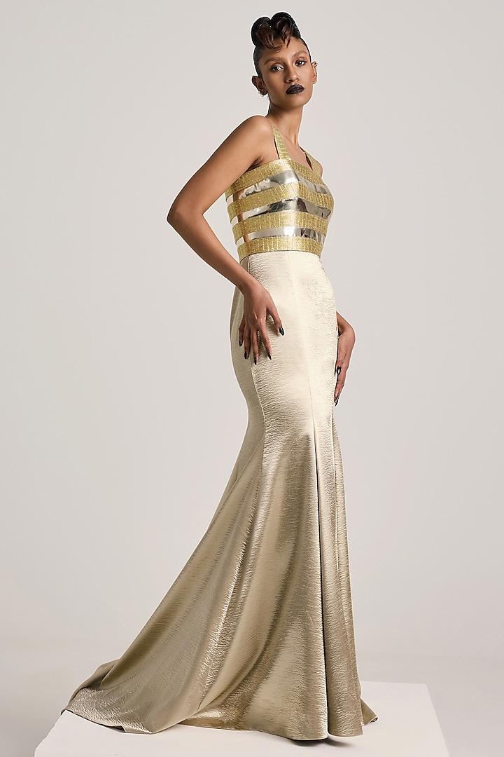 Gold Textured Satin Hand Embroidered Fishtail Paneled Dress by Akhl at Pernia's Pop Up Shop