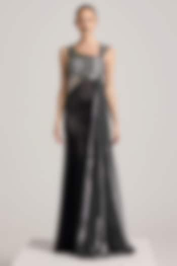 Black Textured Satin & Lurex Tulle Sequins Hand Embroidered Fishtail Paneled Dress by Akhl at Pernia's Pop Up Shop