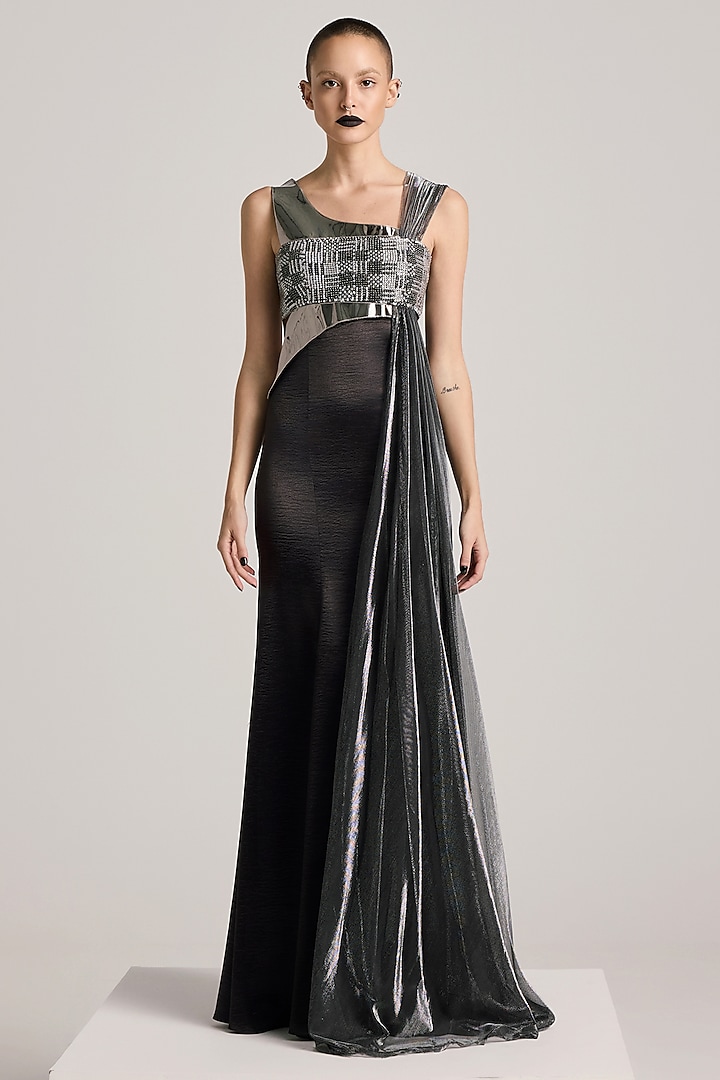 Black Textured Satin & Lurex Tulle Sequins Hand Embroidered Fishtail Paneled Dress by Akhl at Pernia's Pop Up Shop