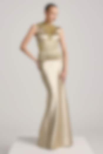 Gold Textured Satin Hand Embroidered Fishtail Dress by Akhl at Pernia's Pop Up Shop