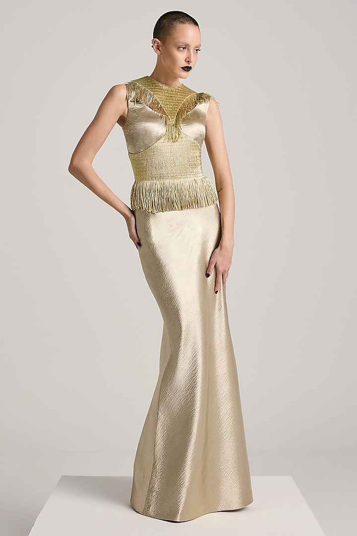 Gold Textured Satin Hand Embroidered Fishtail Dress by Akhl at Pernia's Pop Up Shop