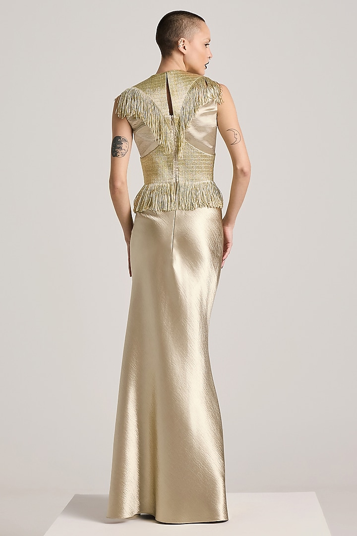 Gold Textured Satin Hand Embroidered Fishtail Party Wear Dress by Akhl at Pernia's Pop Up Shop