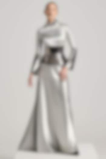 Silver Textured Satin Dress With Corset Belt by Akhl at Pernia's Pop Up Shop