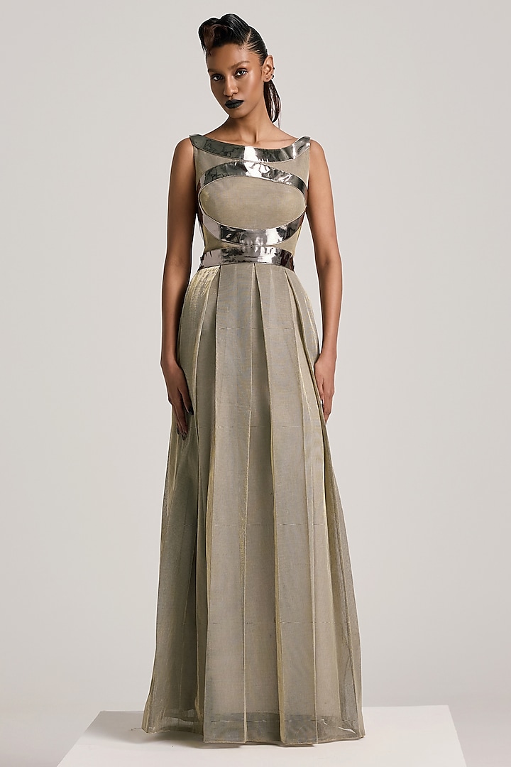 Gold Lurex Tulle Metallic Pleated Dress by Akhl at Pernia's Pop Up Shop