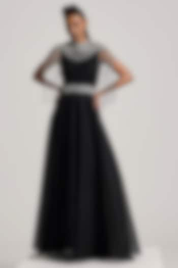 Black Lurex Tulle Sequins Hand Embroidered Dress With Cape by Akhl at Pernia's Pop Up Shop