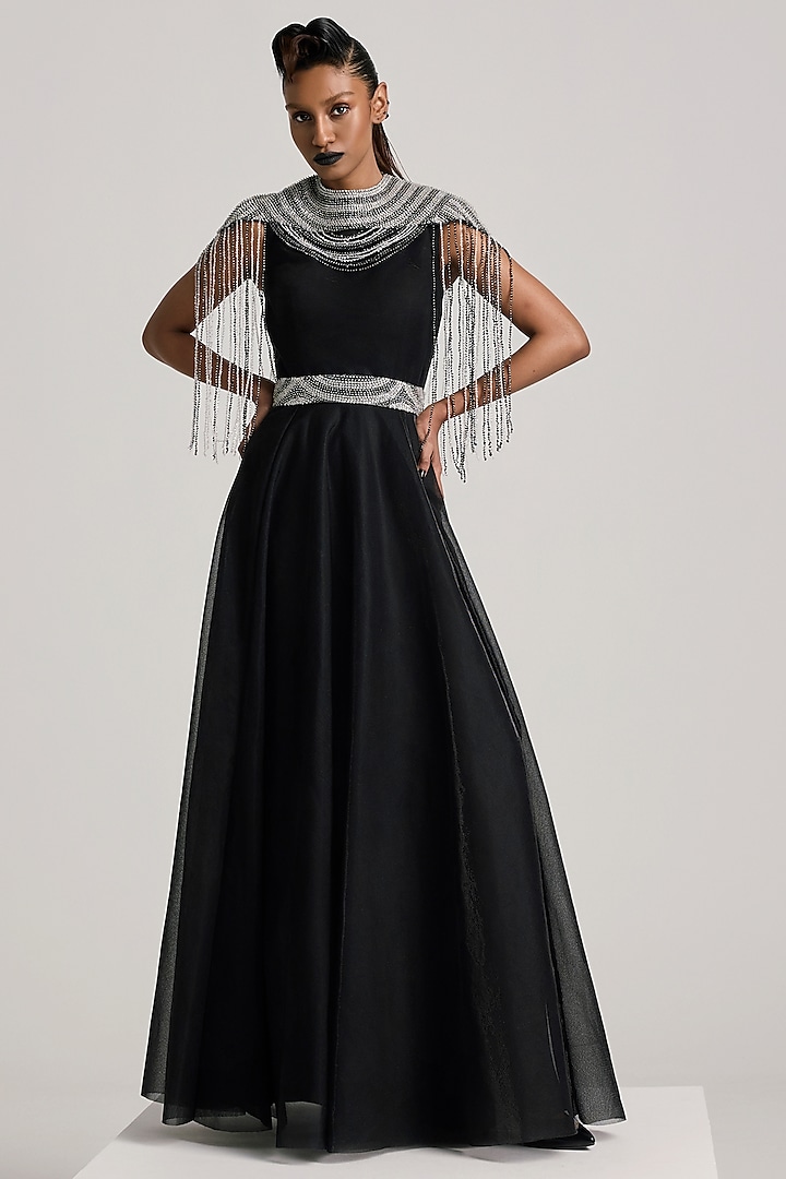 Black Lurex Tulle Sequins Hand Embroidered Dress With Cape by Akhl at Pernia's Pop Up Shop