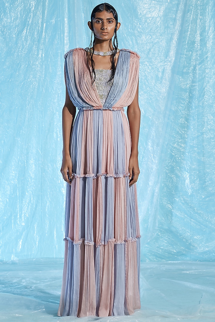 Pink & Blue Embroidered Maxi Dress by Akhl