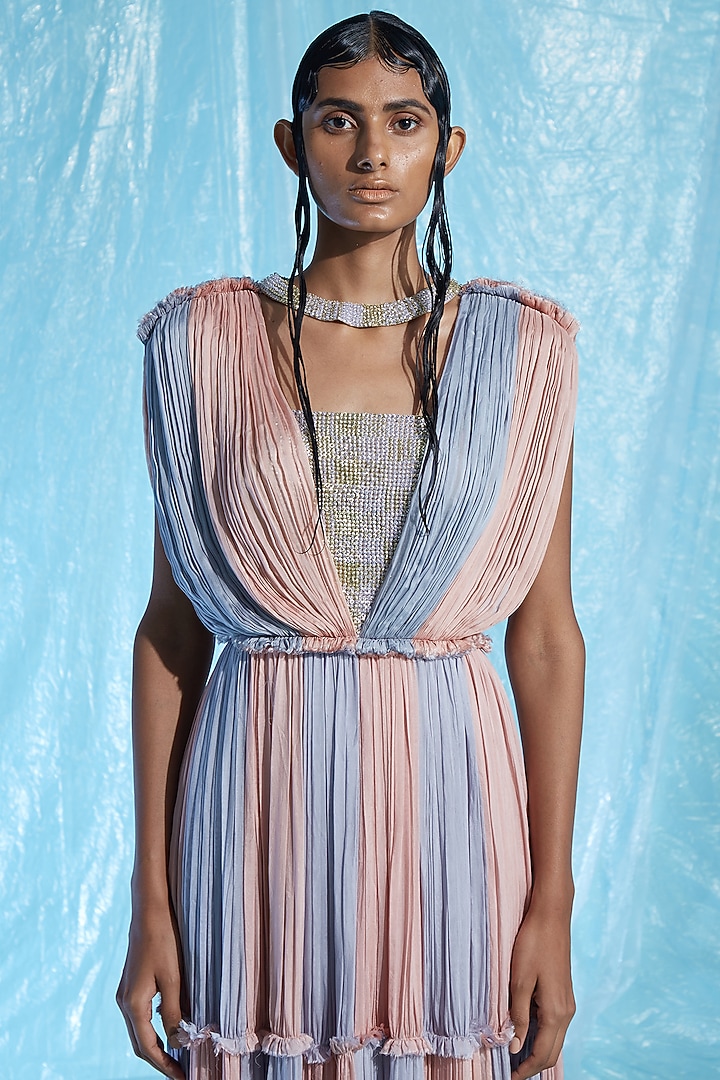 Pink & Blue Embroidered Maxi Cocktail Dress by Akhl at Pernia's Pop Up Shop