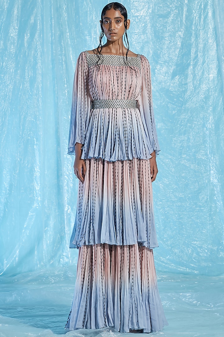 Pink & Blue Chiffon Maxi Dress by Akhl