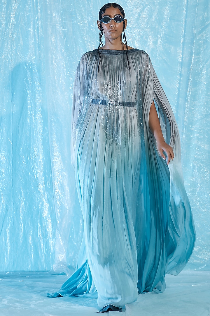Blue Chiffon Embroidered Kaftan by Akhl at Pernia's Pop Up Shop