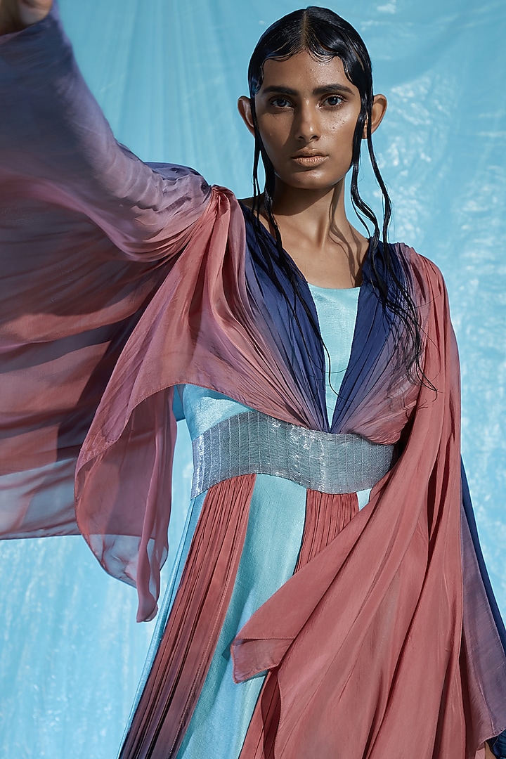 Pink & Blue Satin Kaftan by Akhl at Pernia's Pop Up Shop