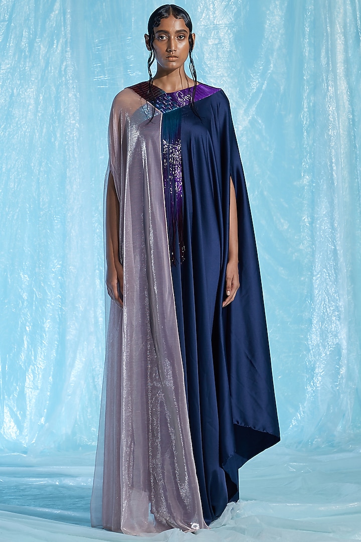 Blue & Grey Satin Kaftan by Akhl