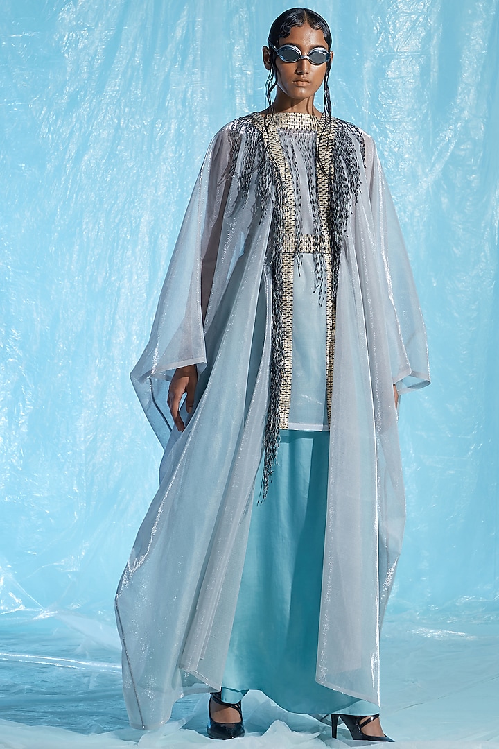 Powder Blue Lurex Kaftan by Akhl at Pernia's Pop Up Shop