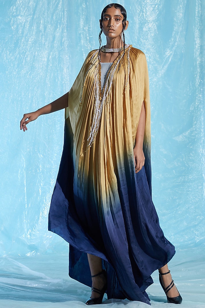 Yellow & Blue Satin Kaftan by Akhl at Pernia's Pop Up Shop