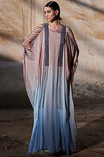 Blush Pink & Blue Chiffon Hand Embroidered Gradient-Dyed Kaftan by Akhl at Pernia's Pop Up Shop