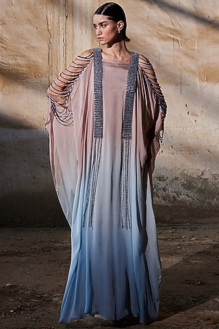 Blush Pink & Blue Chiffon Hand Embroidered Gradient-Dyed Kaftan by Akhl