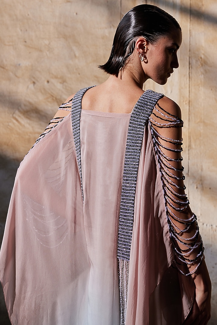 Blush Pink & Blue Chiffon Hand Embroidered Gradient-Dyed Kaftan by Akhl at Pernia's Pop Up Shop