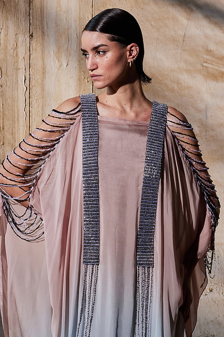 Blush Pink & Blue Chiffon Hand Embroidered Gradient-Dyed Kaftan by Akhl at Pernia's Pop Up Shop