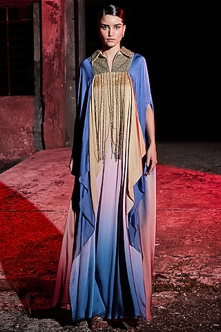 Multi-Colored Satin Bead & Tassels Hand Embroidered Kaftan by Akhl
