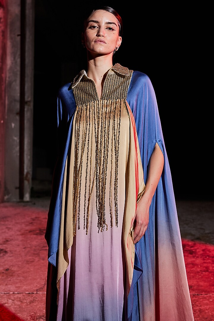 Multi-Colored Satin Bead & Tassels Hand Embroidered Kaftan by Akhl at Pernia's Pop Up Shop