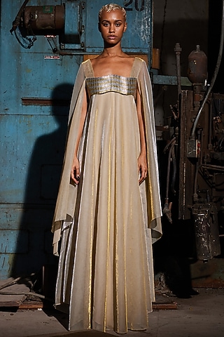 Gold Lurex Tulle Hand Embroidered Kaftan by Akhl
