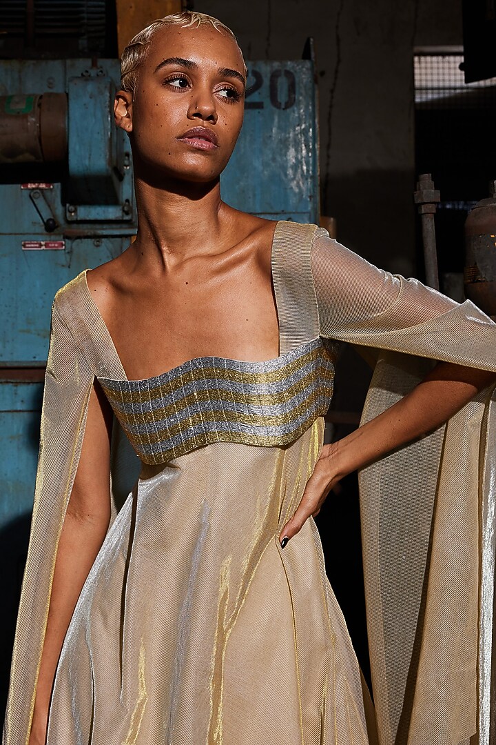 Gold Lurex Tulle Hand Embroidered Kaftan by Akhl at Pernia's Pop Up Shop