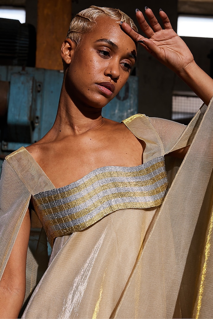 Gold Lurex Tulle Hand Embroidered Kaftan by Akhl at Pernia's Pop Up Shop