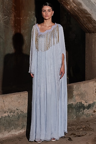 Powder Blue Chiffon Sequins Hand Embroidered Gathered Kaftan by Akhl
